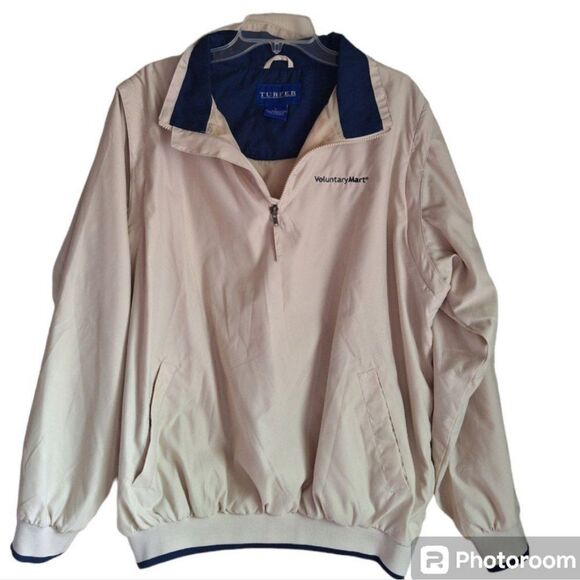 Turfer Light Tan with Navy Trim Golf Jacket with Zip off Sleeves Size Large - Picture 1 of 7
